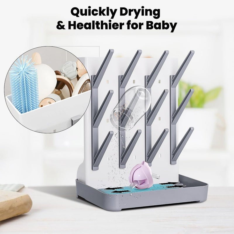 WLMALL Baby Bottle Drying Rack: Vertical Space Saving Large Bottles Holder - Standing Boon Dryer Rack Baby Accessory - Countertop Holds Up to 12 Bottles & Pump Part Cleaning & Cup (Blue) (Gray) - Image 4